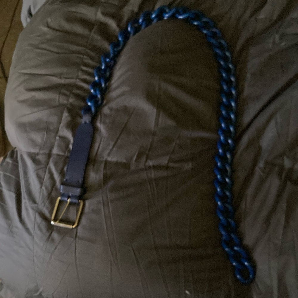 EUC Giuseppe zanotti chain belt in blue and gold hardware.